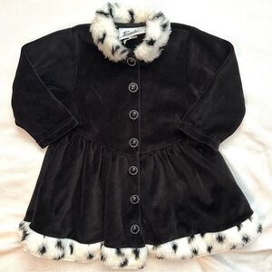 Vintage Panache Velour Sweater Coat Dress Girls 2T Toddler Faux Fur Black White